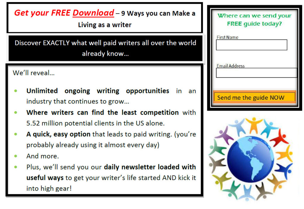 Lead generation landing page for Barefoot Writer Club. Bulllet, otin box and graphic of globe and people indicating write at home is plentiful